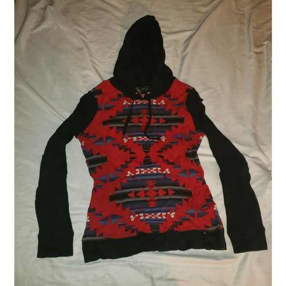 LRL Ralph Lauren Active Hoodie Shirt Black Red Aztec Pullover Waffle Top Sz M - Picture 1 of 4